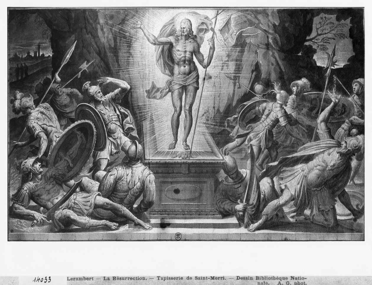 Life of Christ, Resurrection of Christ, forberedende studie av billedvev tegneserie for kirken Saint-Merri i Paris, ca. 1585-90 (pierre noire und wash und white highlights on paper) av Henri Lerambert