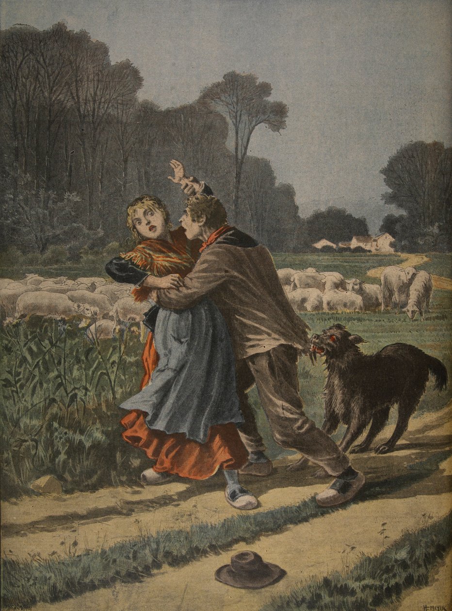 Gjeterinne forsvart av hunden sin, illustrasjon fra 