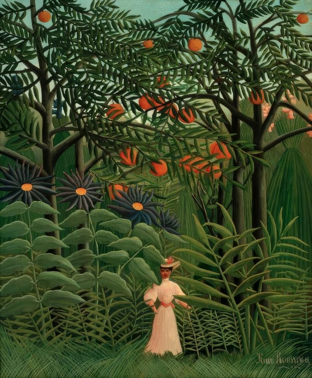 Kvinne går gjennom en eksotisk skog av Henri Rousseau