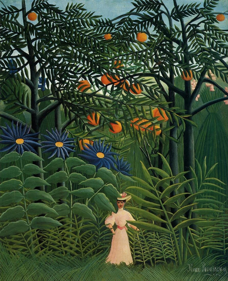 Kvinne som går gjennom en eksotisk skog av Henri Rousseau
