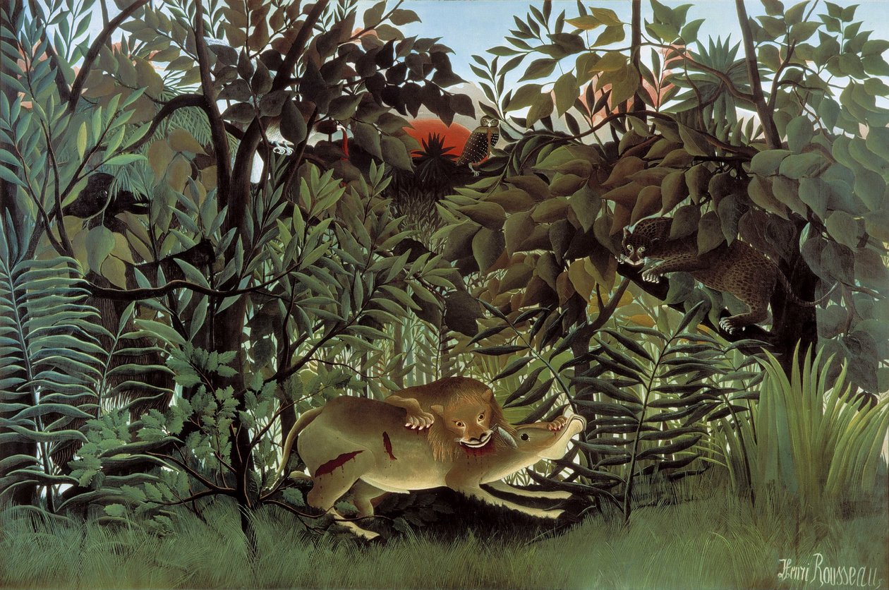 Den sultne løven angriper en antilope av Henri Rousseau