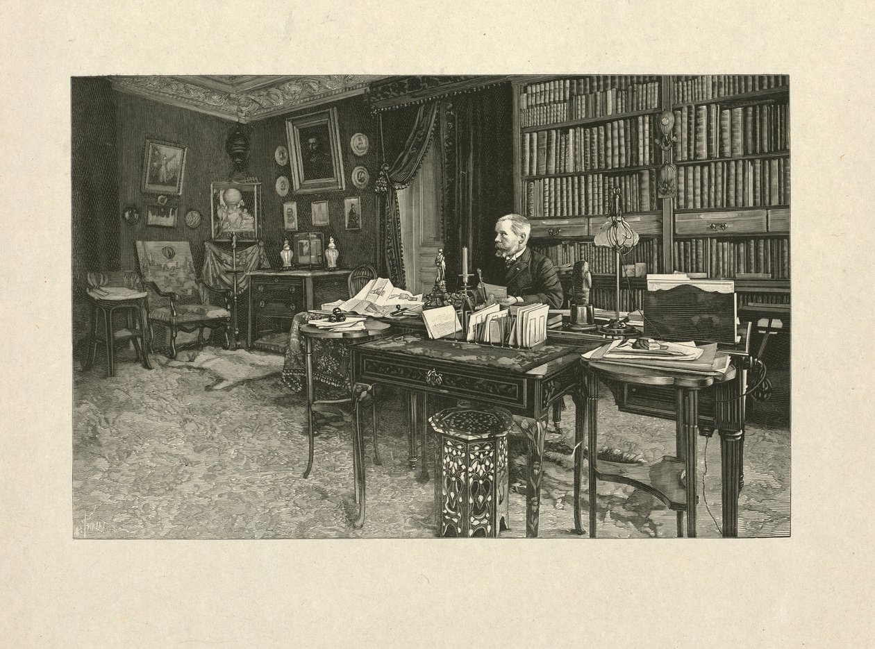 Gaston Tissandier, fransk ballongfarer, satt ved et skrivebord i arbeidsværelset sitt, 1880-1900 (tregravering) av Henri Thiriat