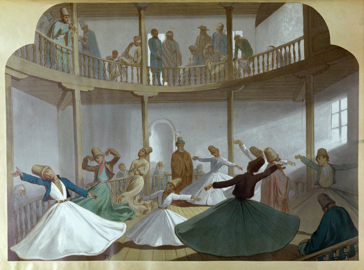Dance of the Whirling Dervishes, illustrasjon fra 'L'Egypte Moderne' av kunstneren, ca. 1870 av Henri de Montaut