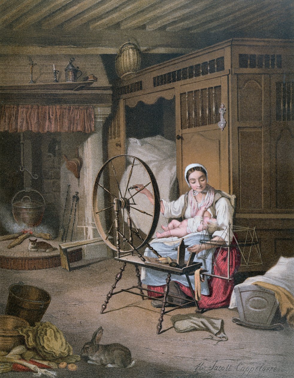 Interiør i et bretonsk hjem, sent på 1800-tallet (fargegravering) av Henriette Jacott Cappellaere