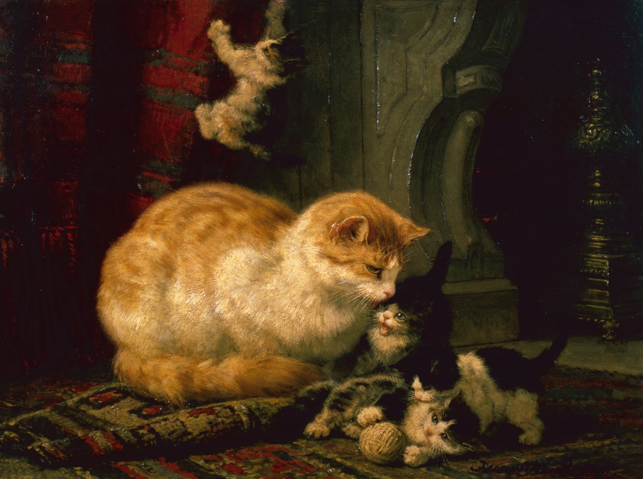 Kattunger på lek (olje på panel) av Henriëtte Ronner Knip