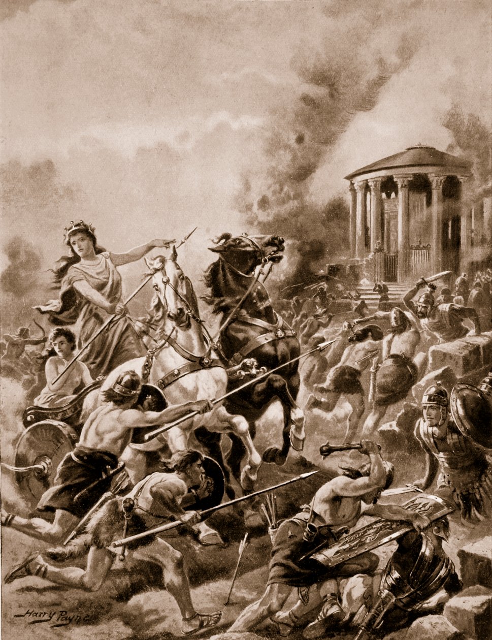 Boadiceas angrep på Camulodunum, 60 AD, illustrasjon fra 