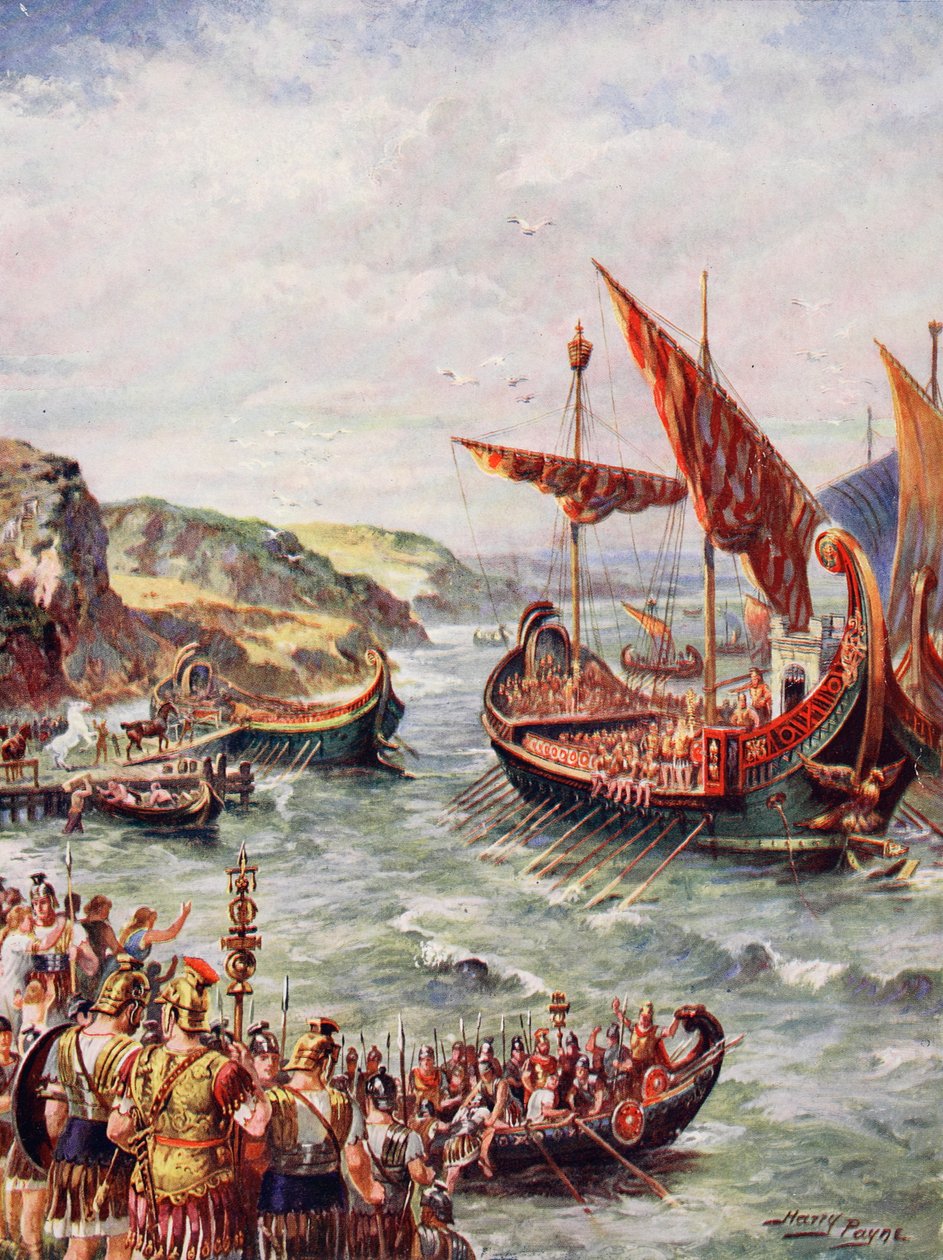 Romernes avgang fra Storbritannia, illustrasjon fra 'The History of the Nation' av Henry A. Payne