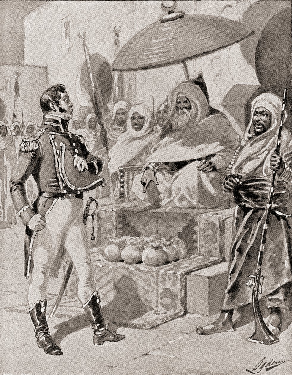 Kaptein William Bainbridge hyller Dey of Algiers for å sikre fritak fra fangst for amerikanske handelsskip i Middelhavet i 1800, fra The History of Our Country, publisert 19 av Henry Alexander Ogden