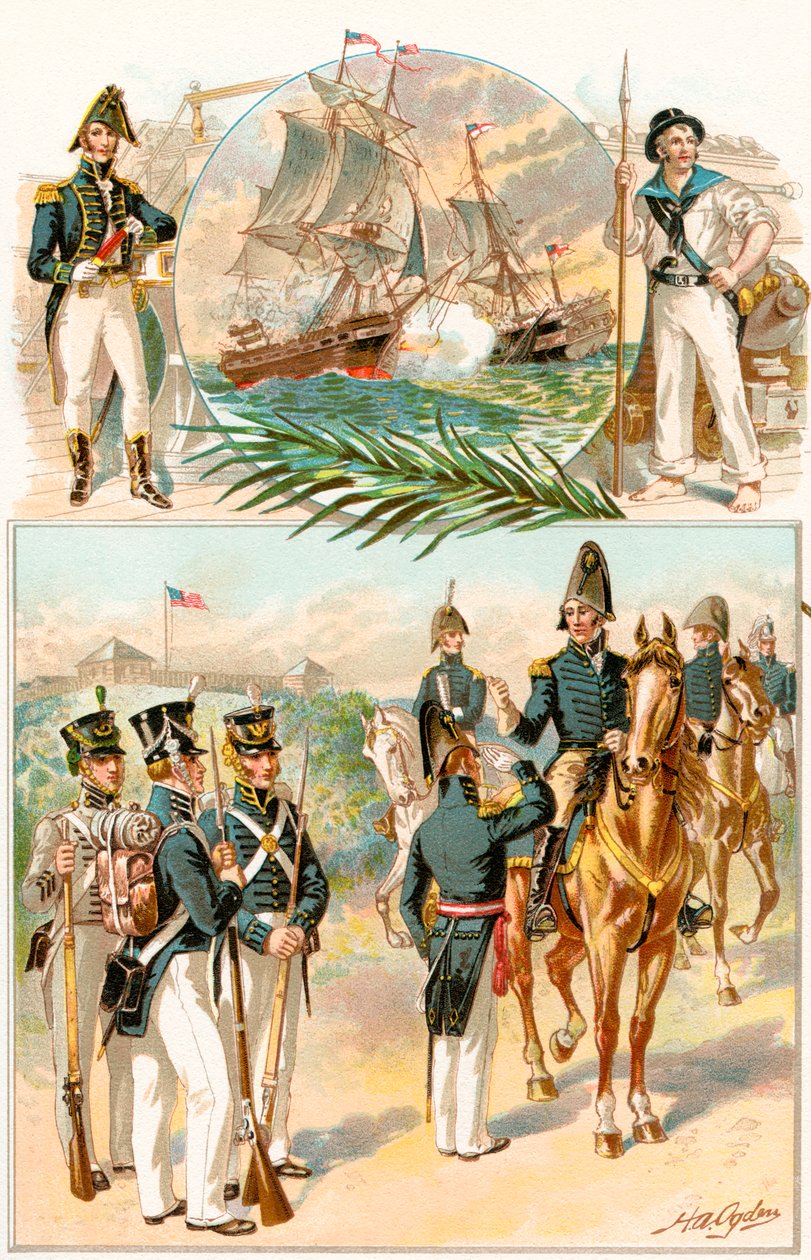 United States Army and Navy uniformer under krigen i 1812, fra The History of Our Country, utgitt 1905 av Henry Alexander Ogden