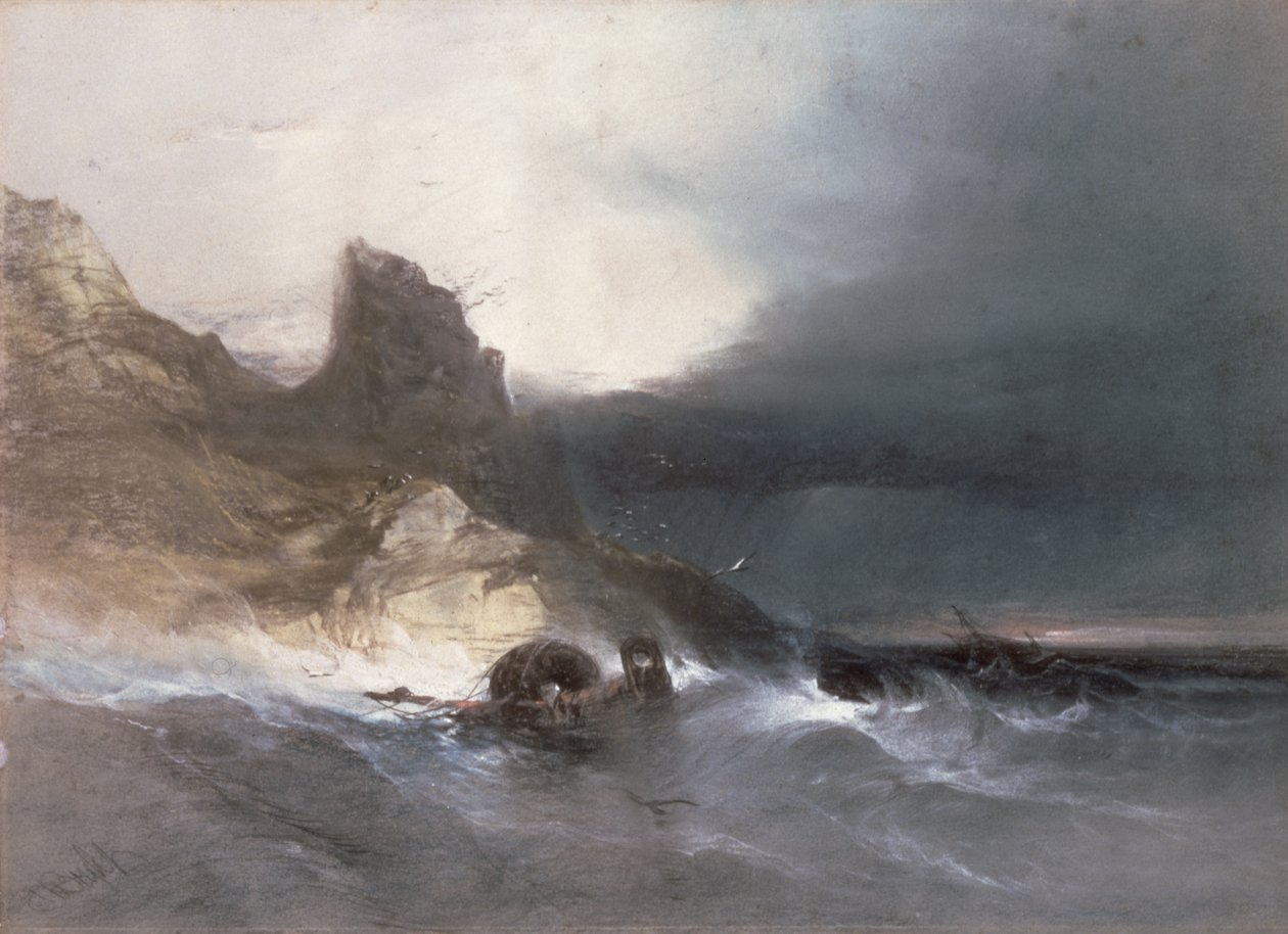 Rocky Coast with Wrecks (kritt på papir) av Henry Bright