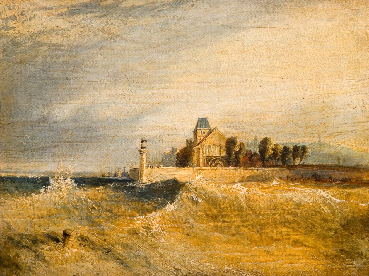 Kystscene med brygge av Henry Dawson