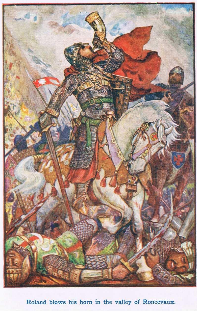 Roland blåser i hornet i Roncevaux-dalen av Henry Justice Ford