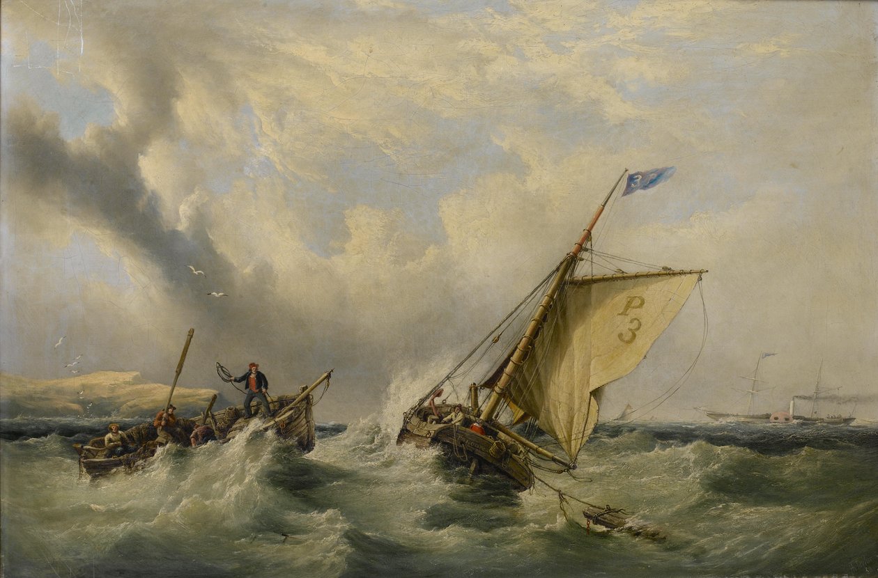 Pilotkutter nr. 3 med en robåt som kommer ved siden av og en damper i det fjerne av Henry King Taylor