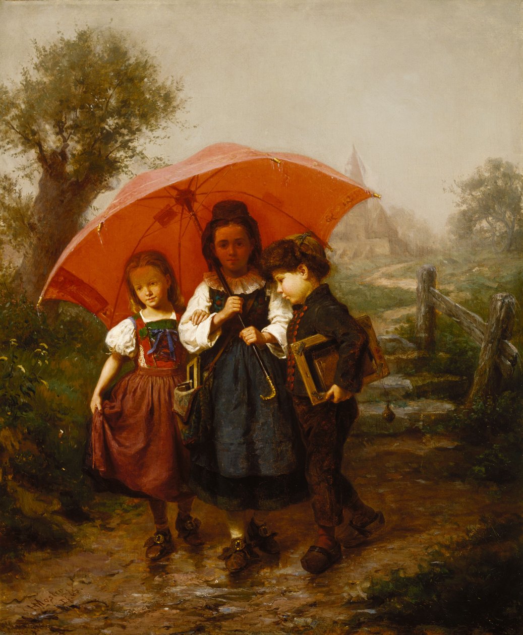 Barn under en rød paraply av Henry Mosler