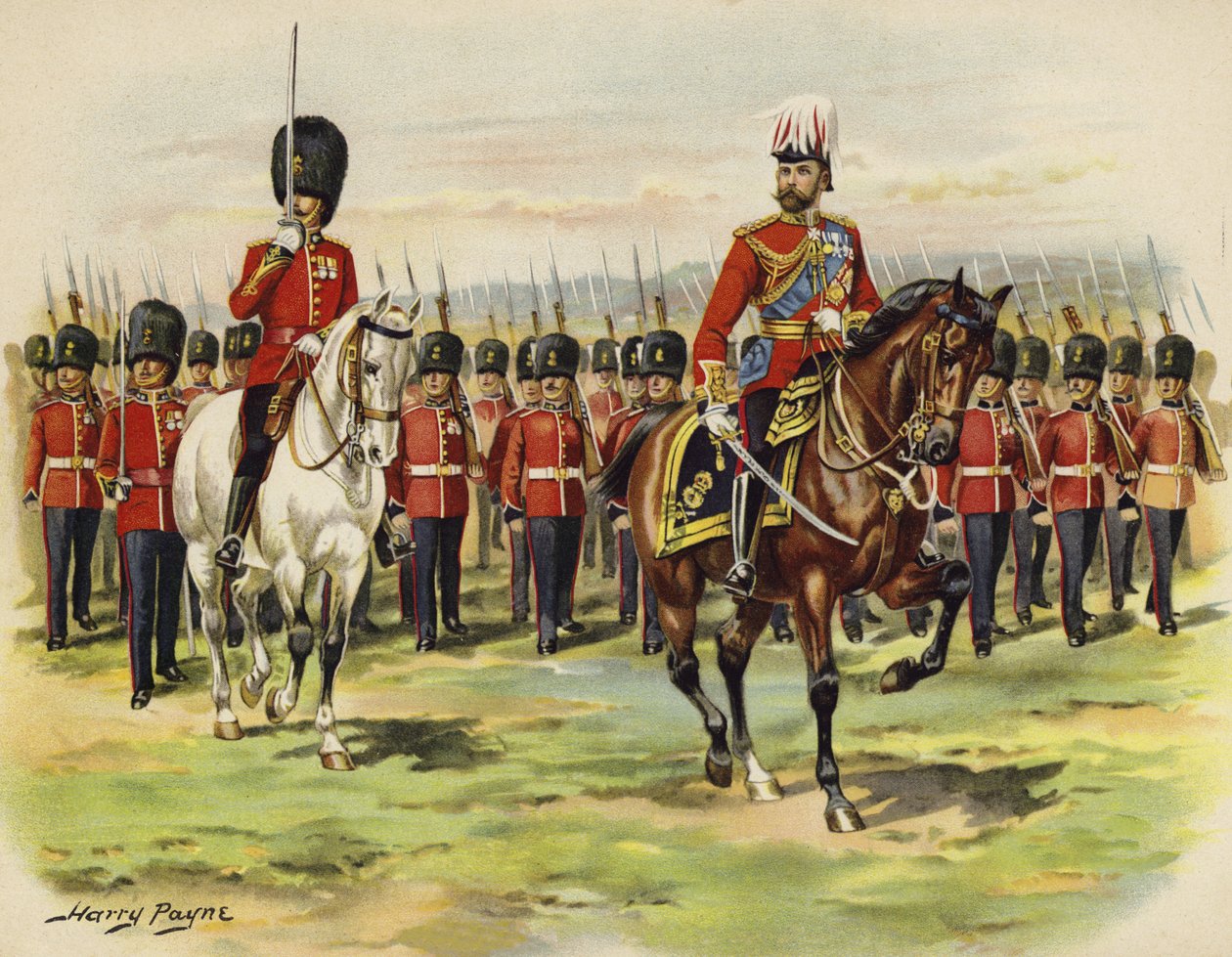 Kong George V som prins av Wales som leder sitt regiment, Royal Fusiliers, ved Aldershot (chromolitho) av Henry Payne