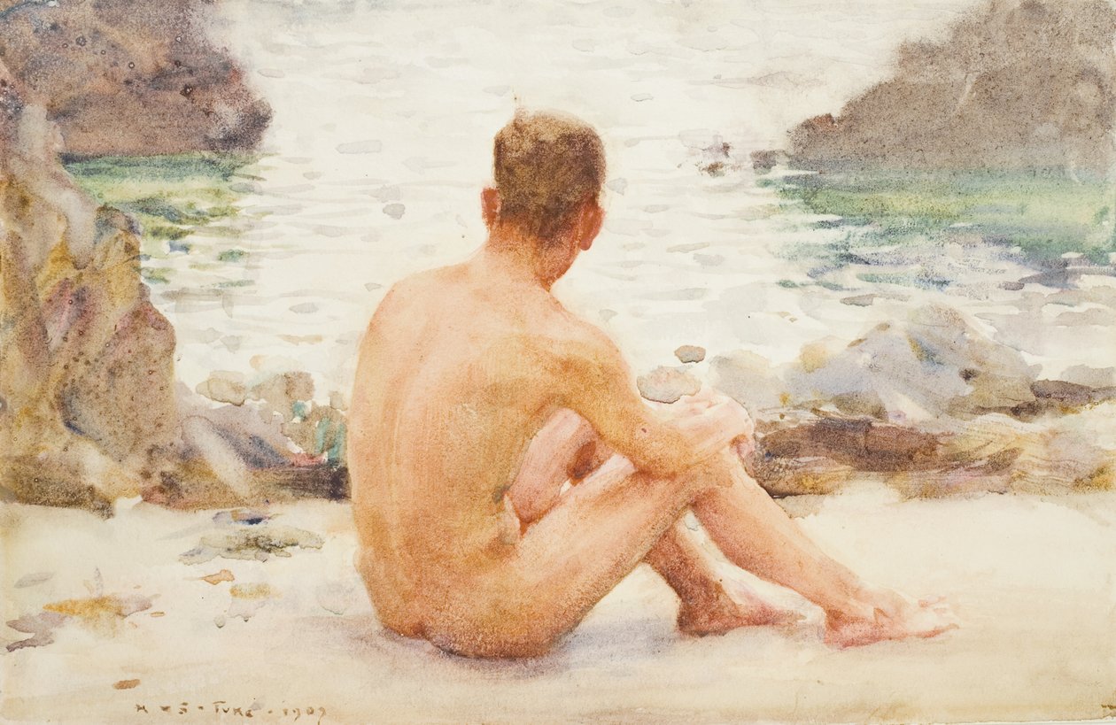 Charlie sitter på sanden, 1907 av Henry Scott Tuke