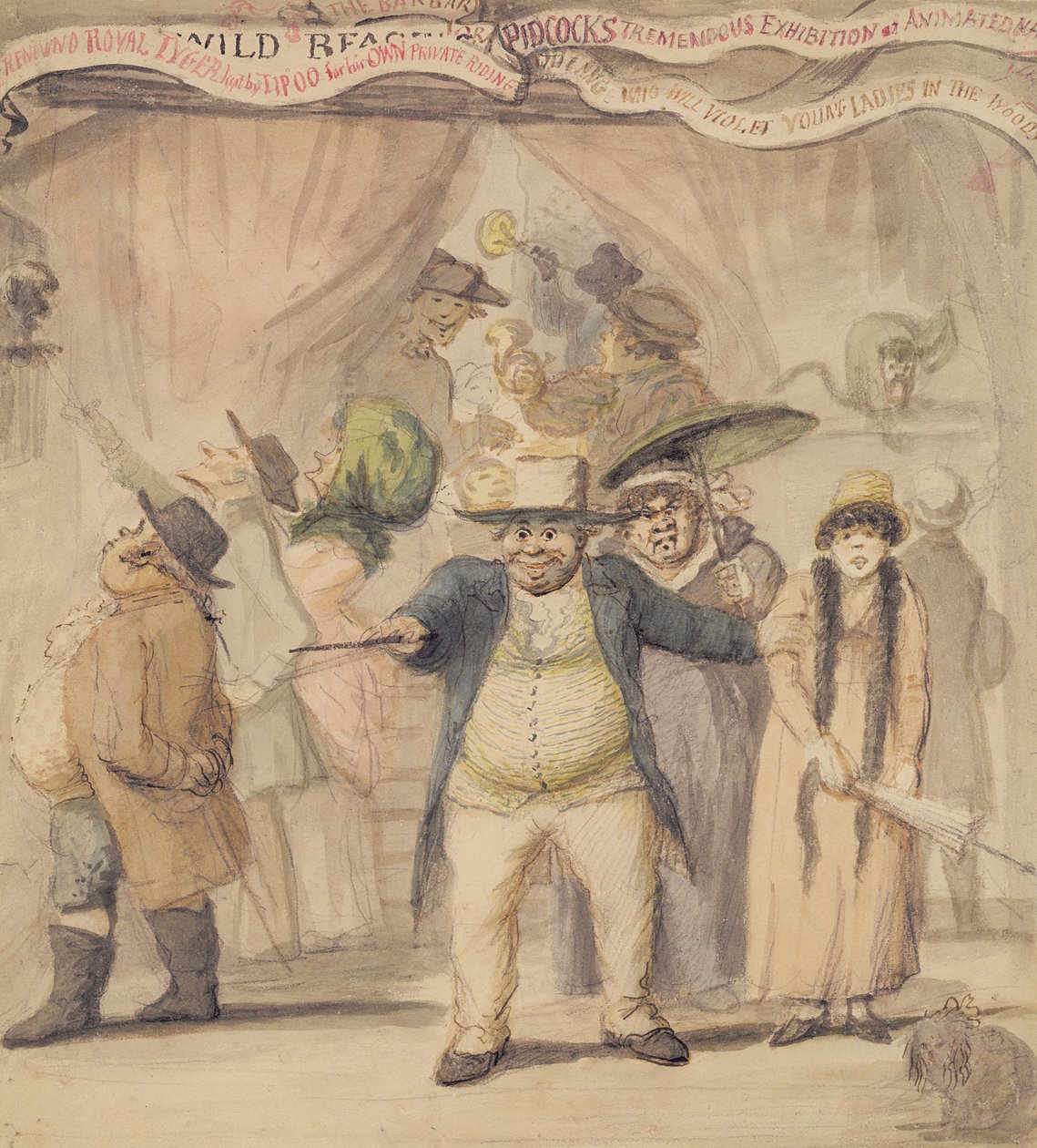 Inngang til Pidcocks utstillingstelt på en messe (penn og wc på papir) av Henry William Bunbury