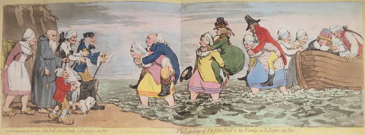 Le Debarquement du Chevalier John Bull og hans familie i Boulogne sur Mer, eller The Landing of Sir John Bull und his Family at Bologne sur Mer, gravert av James Gillray (1756-1815) utgitt av Hannah H av Henry William Bunbury