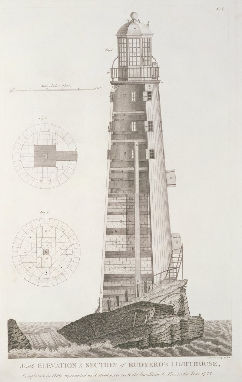 Eddystone Lighthouse gravert av John Record (fl.1768-80), 1784 av Henry Winstanley