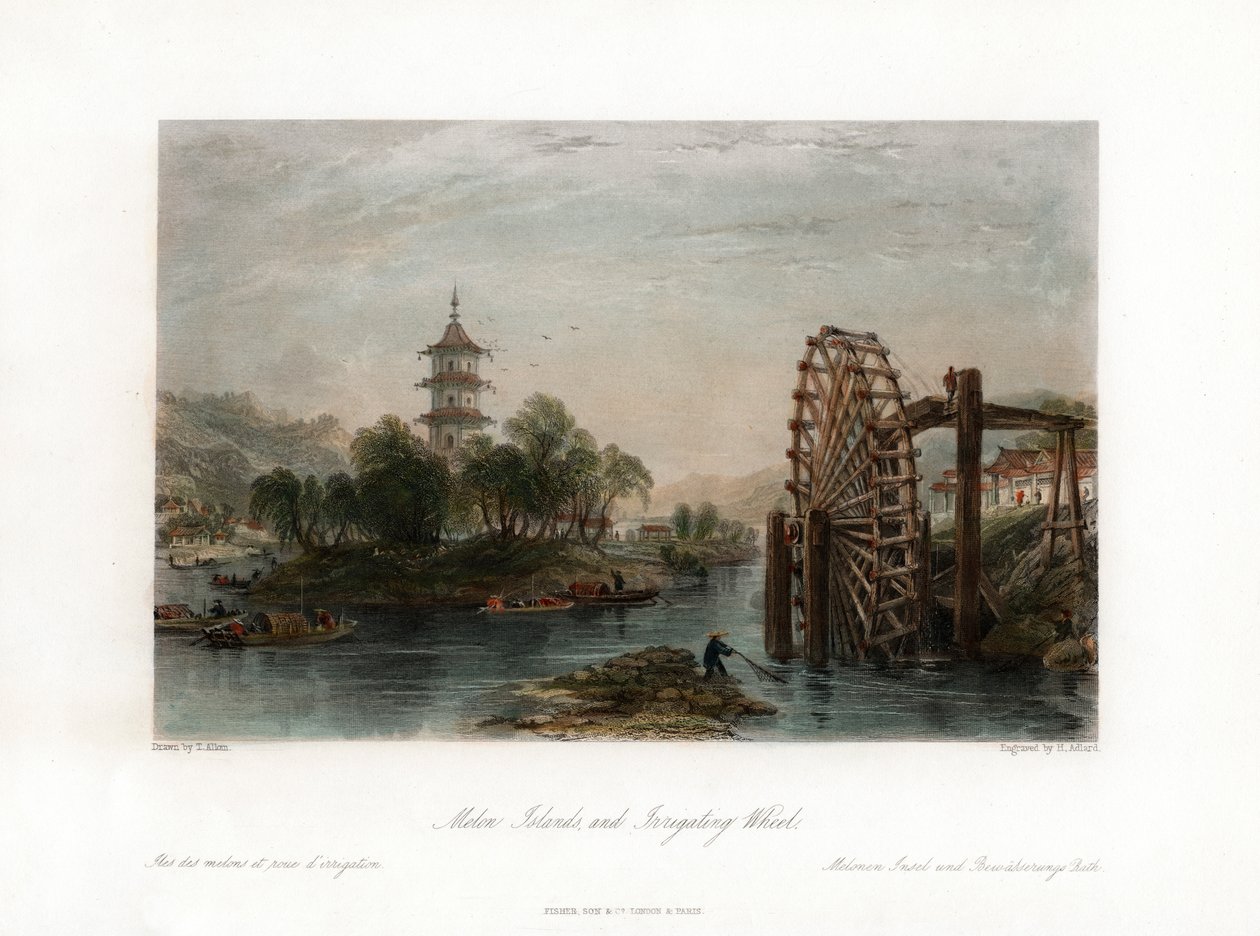 Melon Islands, and Irrigating Wheel, Kina, c1840. av Henry Adlard