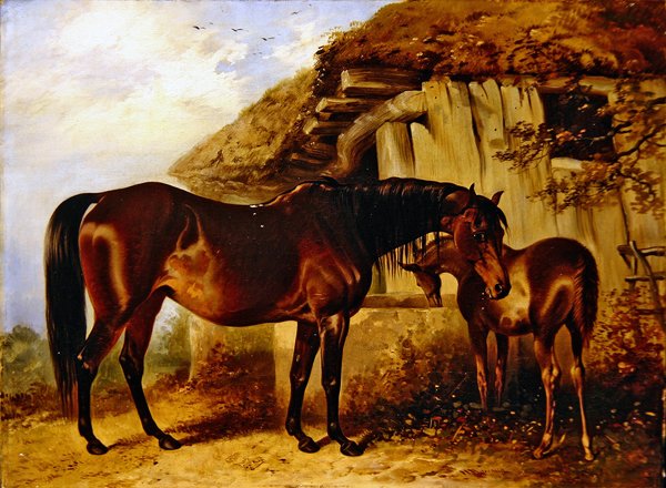 Hoppe og føll (olje om bord) av Henry Barraud