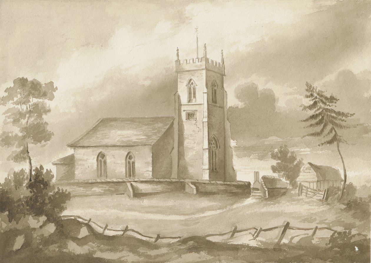 Codsall Church: sepia-tegning, nd [1844] av Henry James Noyes