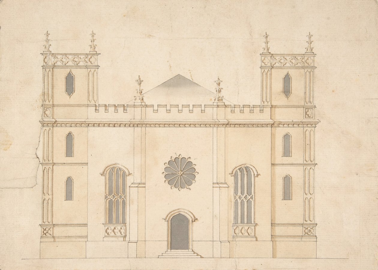 Fasade til en gotisk vekkelseskirke, 1745-76. av Henry Keene.