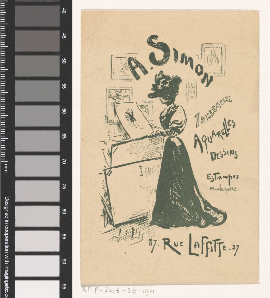 Visittkort til kunsthandler A. Simon i Paris av Henry Somm