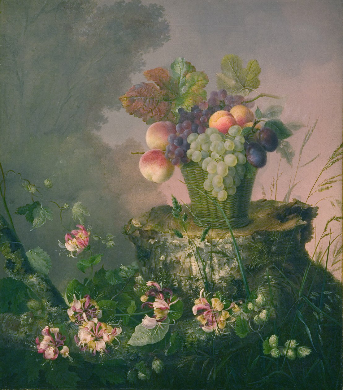 Blomsterkurv med frukt ved en trestubbe av Hermania Neergaard
