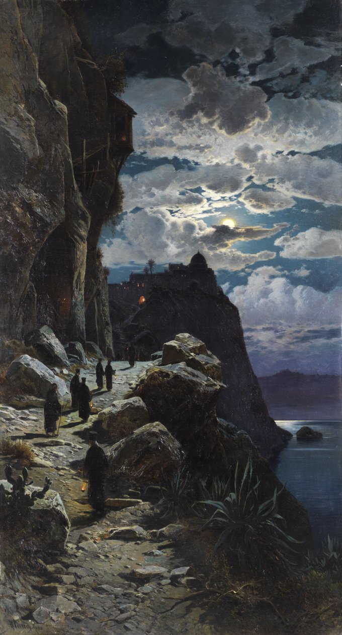 Munkene går til fjellklosteret Athos. av Hermann David Salomon Corrodi