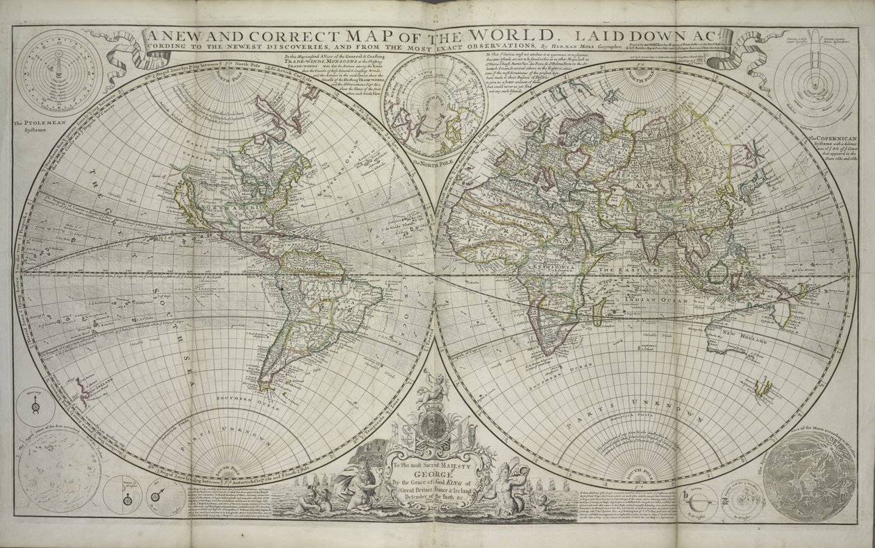 Et nytt og korrekt kart over verden lagt ned i henhold til de nyeste funnene og fra de mest nøyaktige observasjonene, 1736 (håndfarget trykk) av Hermann Moll