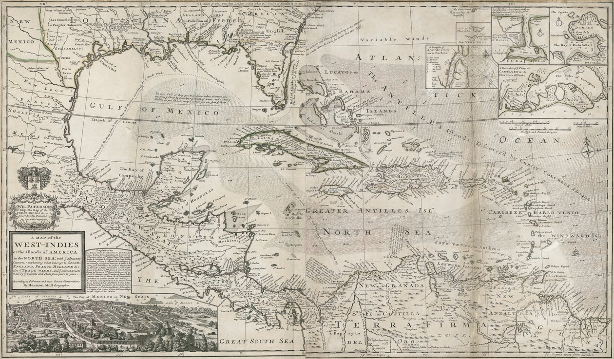 Kart over Karibia, 1715 (håndfarget gravering) av Hermann Moll