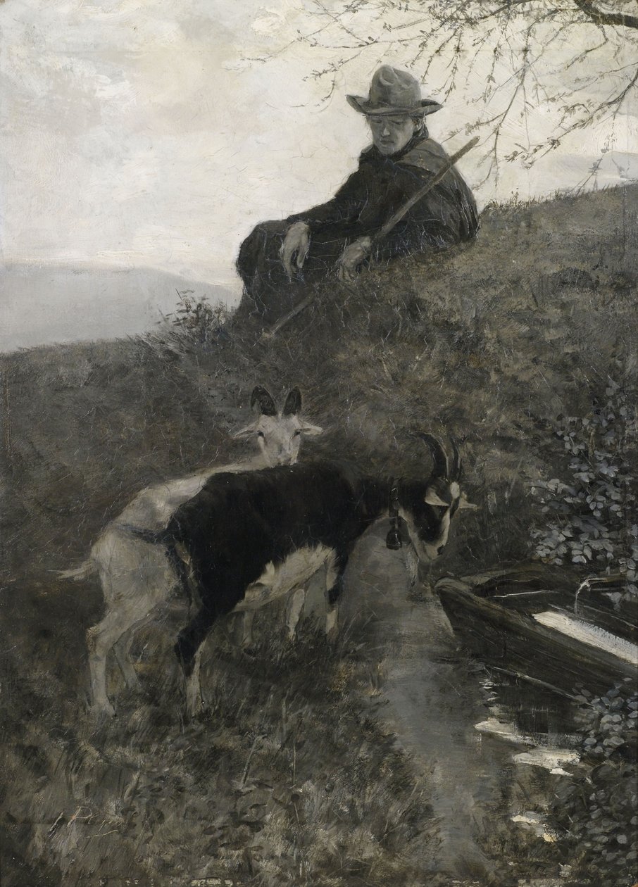 Geiter med dyr ved et drikkekar av Hermann Pleuer