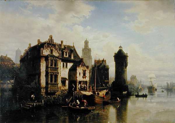 Utsikt over Rotterdam (olje på panel) av Hermann Meyerheim