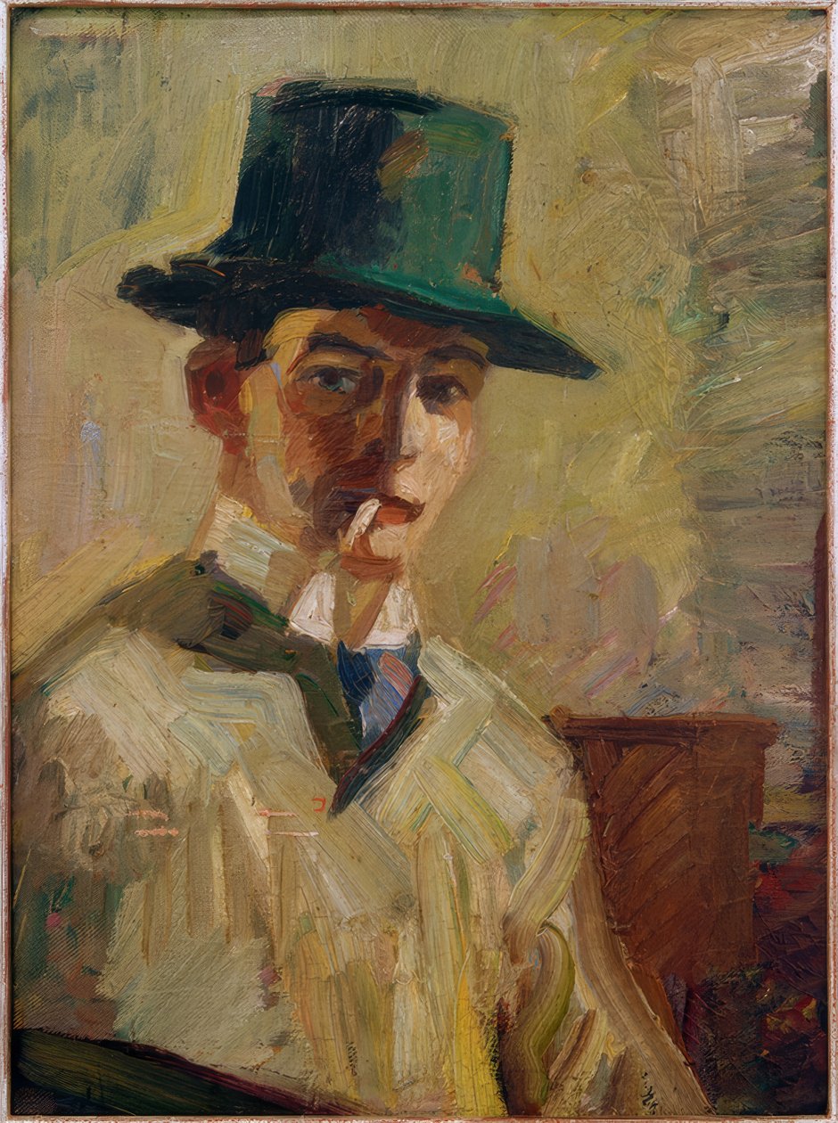 Selvportrett med høy hatt og sigarett av Hermann Stenner