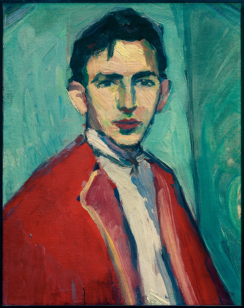 Selvportrett med rød jakke av Hermann Stenner