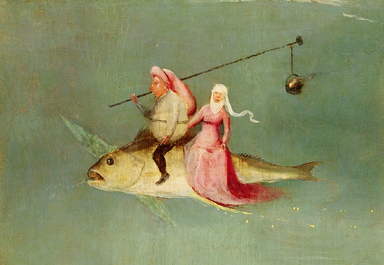 The Temptation of St. Anthony, høyre panel, detalj av et par som rir på en fisk (se 35965) av Hieronymus Bosch