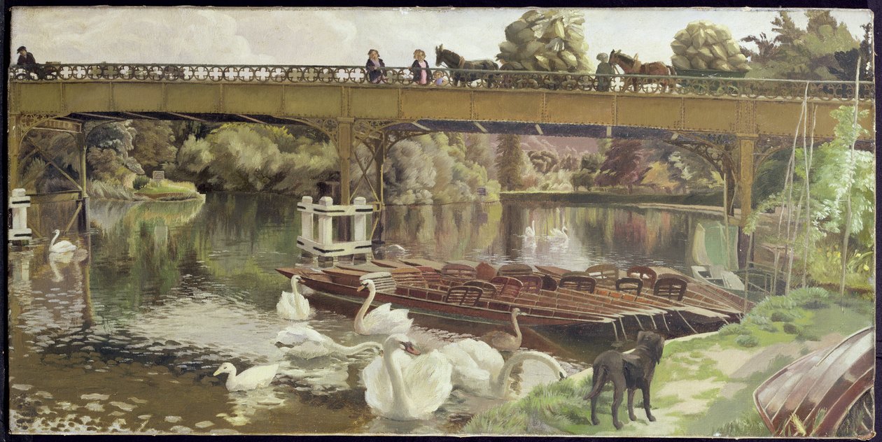 Swans, Cookham Bridge (olje på lerret) av Hilda Carline