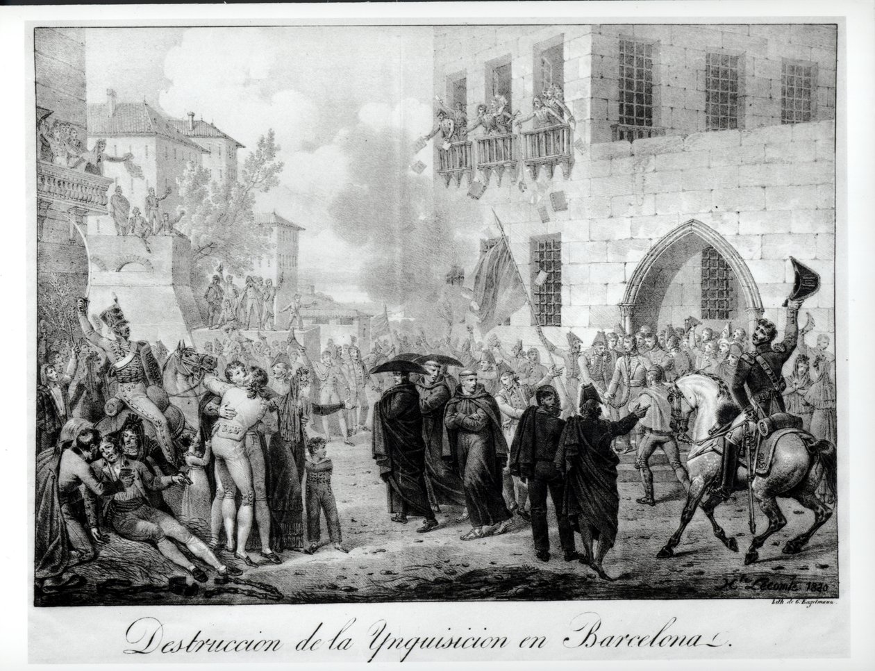 Ødeleggelse av inkvisisjonen i Barcelona, 10. mars 1820, gravert av Godefroy Engelmann (1788-1839) av Hippolyte Lecomte