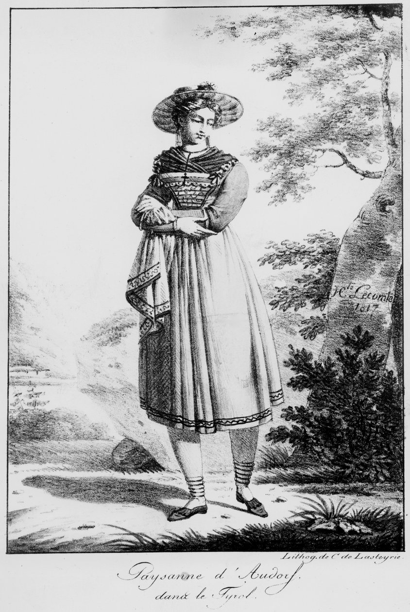 Bondekvinne fra Audorf i Tyrol, 1817 (litografi) av Hippolyte Lecomte