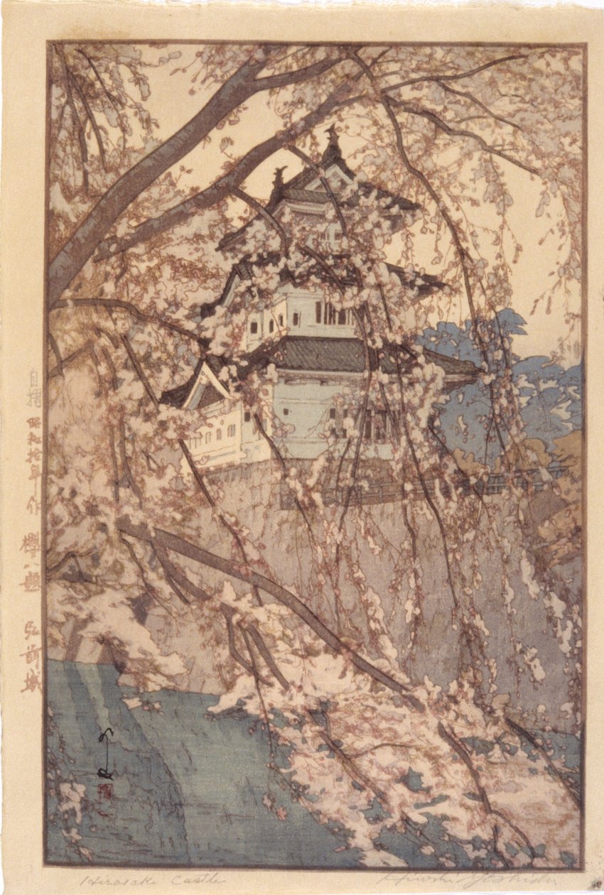 Hirosaki Castle (farget treblokktrykk) av Hiroshi Yoshida