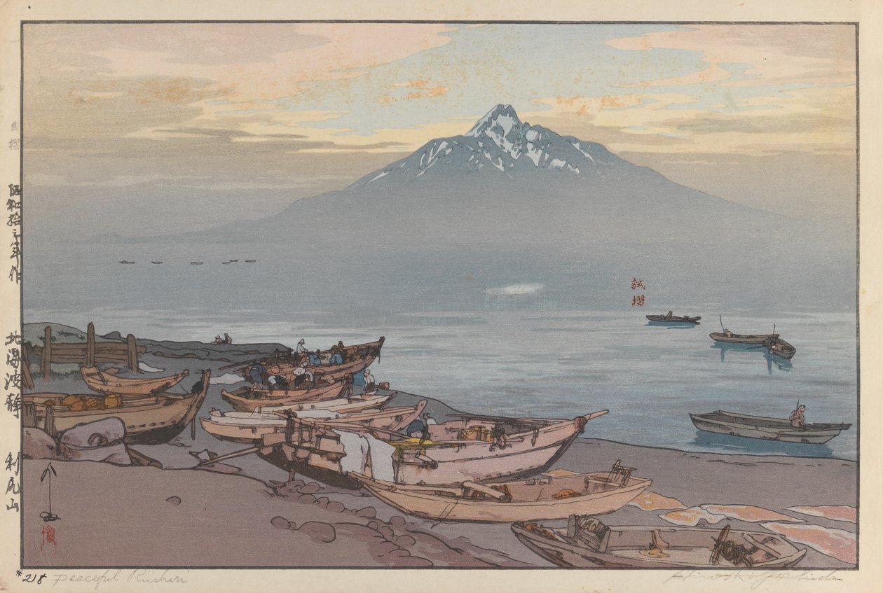 Fredelig Rishiri (treblokktrykk på papir) av Hiroshi Yoshida
