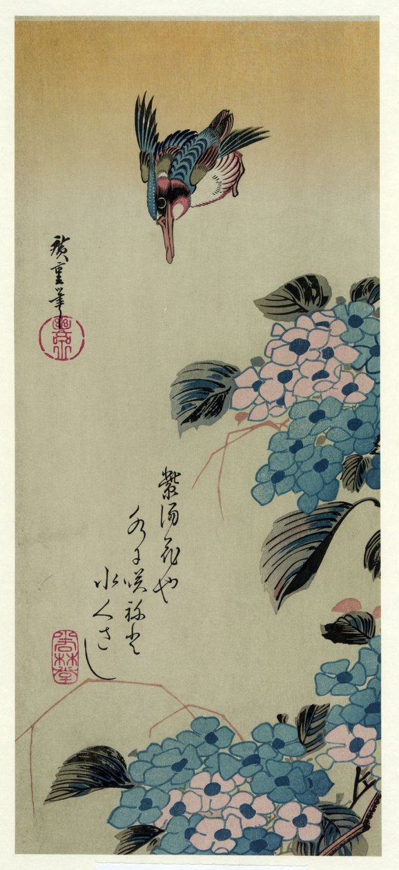 Hortensia Kingfisher (Hyd column GEA plan d gold g fisher) av Utagawa Hiroshige