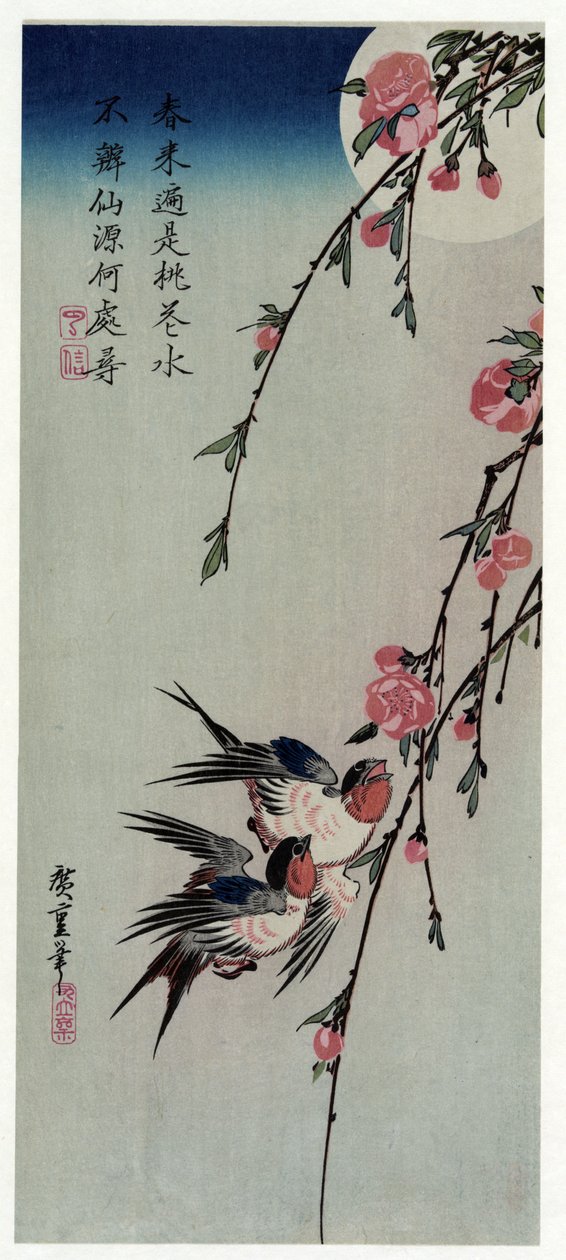 Gekka Momo ni Tsubakura (måne, svelger og ferskenblomster) av Utagawa Hiroshige