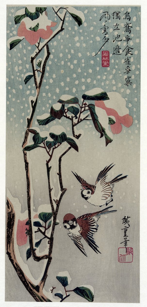 Secchu Tsubaki ni Suzume (Sparrows and Camellias in the Snow) av Utagawa Hiroshige