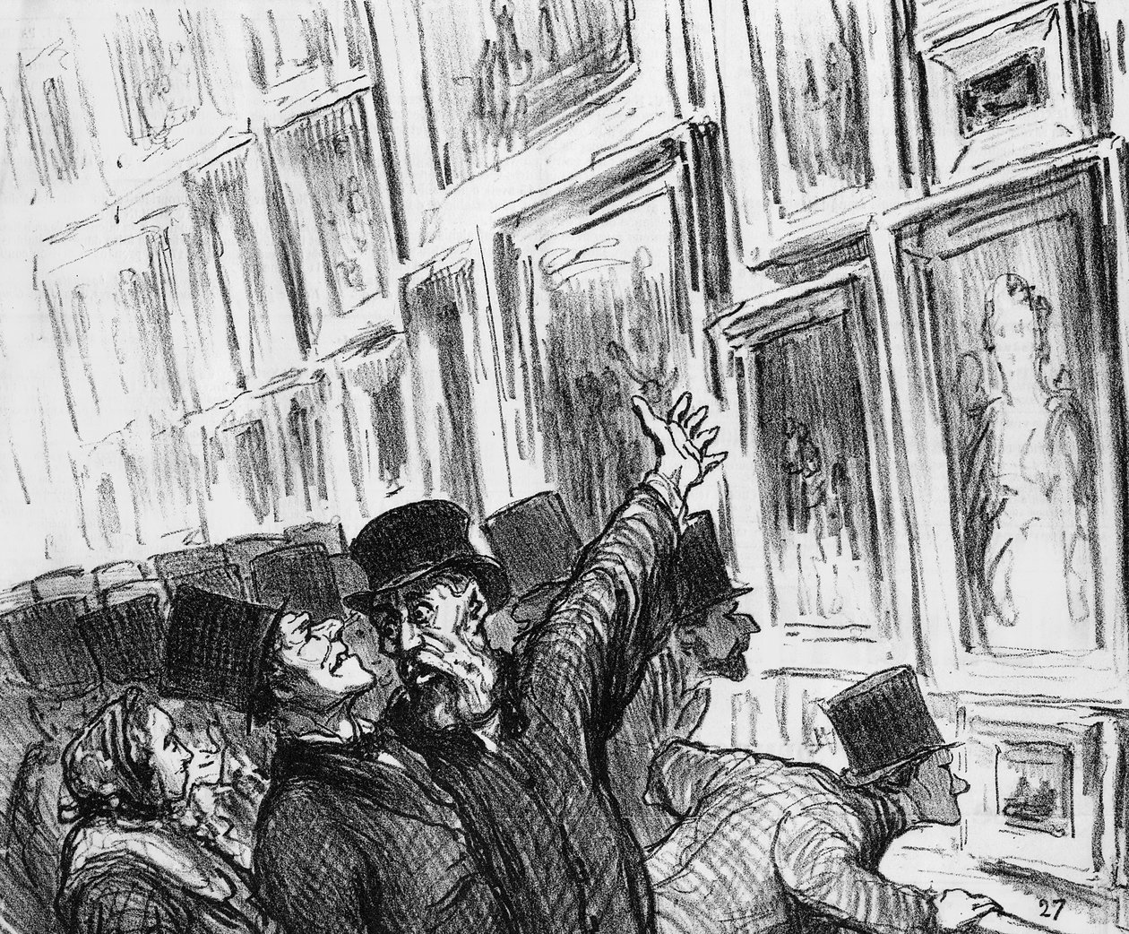 Kunstneren blir trøstet i Paris-salongen i 1859 over posisjonen til arbeidet hans i utstillingen, tegneserie fra magasinet "Le Charivari", 20. april, 1859 av Honoré Daumier