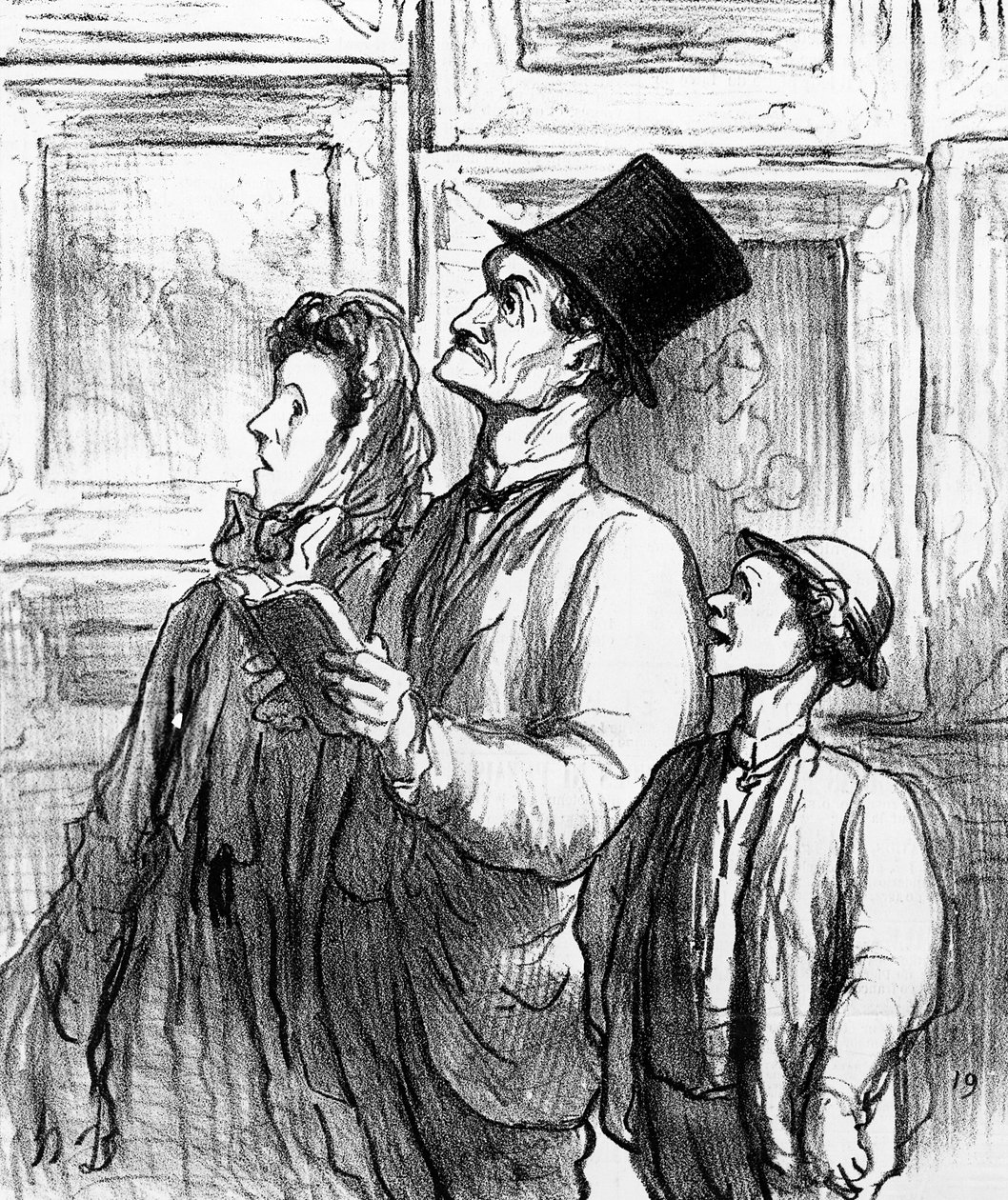 Familie på besøk i Paris-salongen i 1863 og kommenterer maleriet 