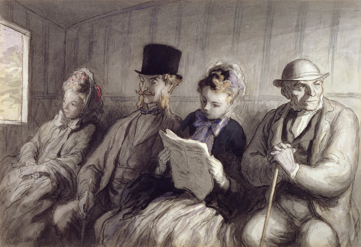 The First Class Carriage, 1864 (wc blekkvask og kull på papir) av Honoré Daumier