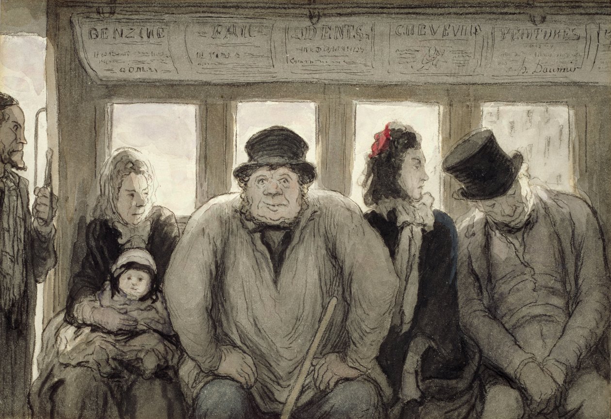 The Omnibus, 1864 (blekk, wc og litografisk fargestift på papir) av Honoré Daumier