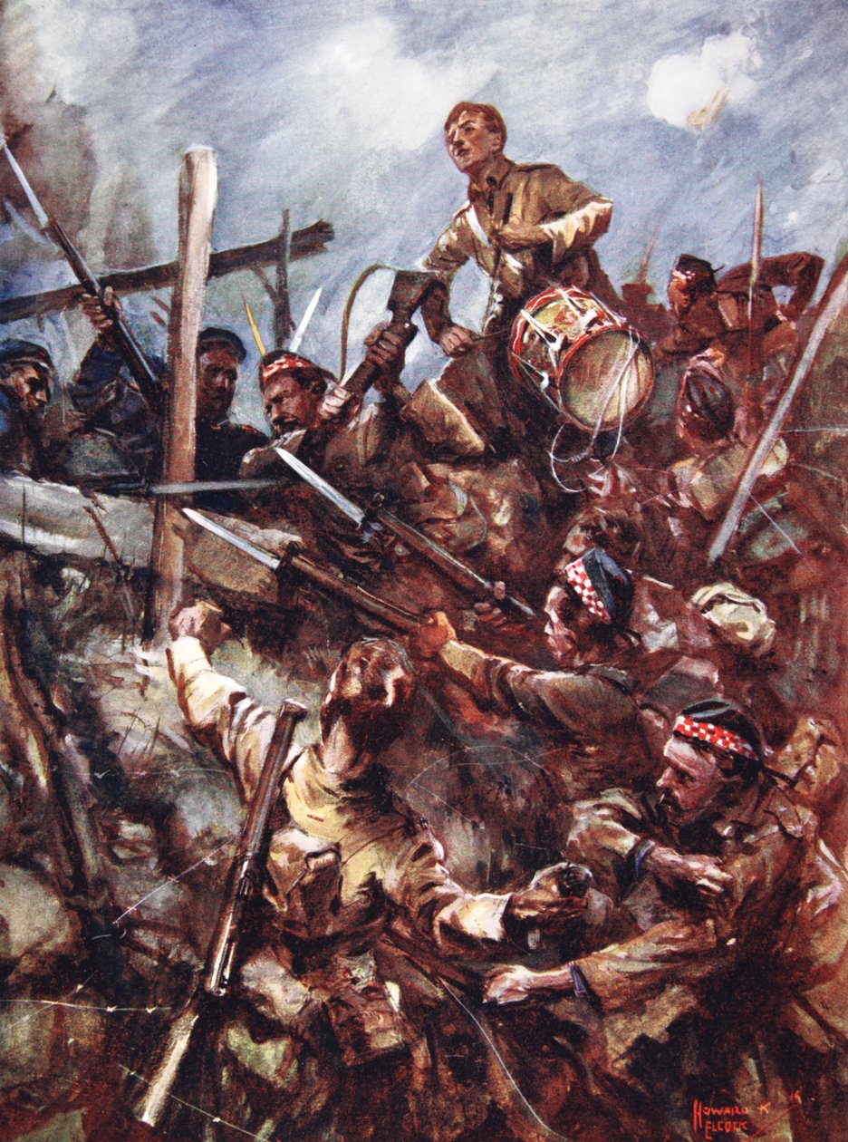 Trommeslager W. Ritchie som står på fiendens brystning for å lyde skuddet under kraftig maskingeværild og bombeangrep av Howard K. Elcock